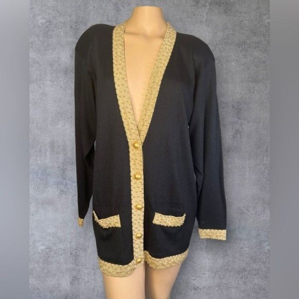Casual Corner Black Cardigan with Gold Accents